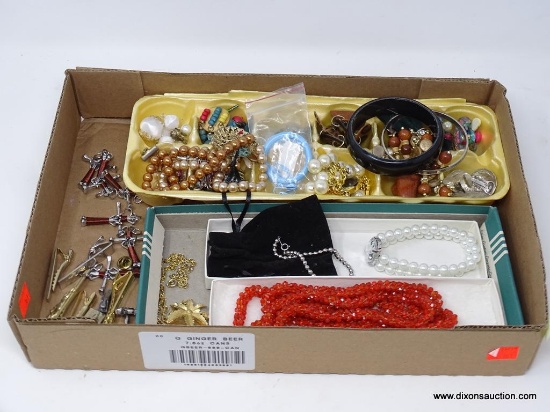 LOT OF ASSORTED COSTUME JEWELRY; BOX OF COSTUME JEWELRY TO INCLUDE WATCHES, NECKLACES, BRACELETS,