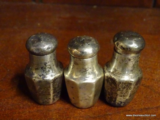 (SHOW2) SET OF STERLING SILVER SALT AND PEPPER SHAKERS; SET OF 3 SMALL STERLING SILVER SALT AND