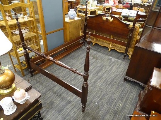 (R2) SANFORD MAHOGANY BED FRAME; WOODEN BED FRAME WITH 4 TAPPER DETAILED POLES ON EACH END AND A