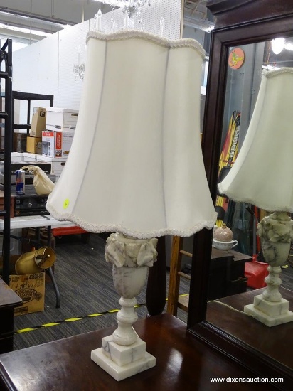 (R2) WHITE MARBLE TABLE LAMP; BEAUTIFUL WHITE MARBLE TABLE LAMP WITH LEAF CARVINGS AT THE TOP OF THE
