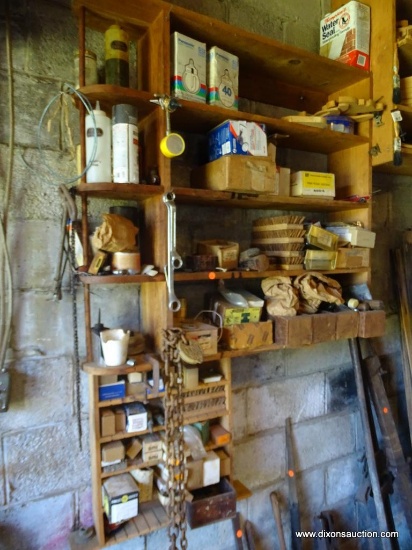 CONTENTS OF WALL SHELVES; LOT OF WALL SHELF CONTENTS TO INCLUDE BRUSHES, BULBS, WOOD CUTOUTS,
