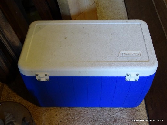 COLEMAN 48 QT COOLER; COLEMAN COOLER THAT CAN HOLD 63 12 OZ CANS PLUS ICE! BLUE COOLER WITH WHITE