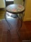 (KIT) METAL PLANT STAND; ROUND WHITE TOP WITH HAND PAINTED FRUIT SITTING ON A BLACK METAL BASE WITH