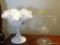 (UPMR) FENTON HAND PAINTED COMPOTE; WHITE GLASS COMPOTE WITH CLEAR GLASS RUFFLED EDGES AND HAND