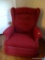 (UPMR) WINGBACK RECLINER; RED UPHOLSTERED WINGBACK RECLINER WITH BUTTON TUFTED BACK, ROLLED ARMS,