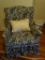 (UPSIT) FLORAL CHAIR; BLUE PURPLE, GREEN AND CREAM COLORED FLORAL SIDE CHAIR WITH SKIRTED BOTTOM AND
