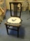 (UPBR2) WOODEN SIDE CHAIR; DARK STAINED WOODEN CHAIR WITH WOODEN SADDLE SEAT THAT HAS HOLES DRILLED