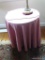(FAM) SIDE TABLE WITH PINK TABLECLOTH AND PLACEMAT; ROUND DIY CARDBOARD SIDE TABLE WITH A PINK