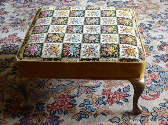 (FAM) NEEDLEPOINT FOOTSTOOL; FLORAL CHECKERBOARD PATTERN NEEDLE POINT CHAIR WITH GOLD TONE FABRIC