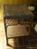 (DEN) WICKER SIDE TABLE; LIGHT BROWN WICKER SIDE TABLE WITH SAGE GREEN DETAILING. HAS DIAMOND