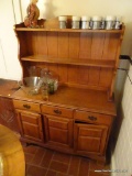 (KIT) VINTAGE CHINA HUTCH; OPEN TOP WITH 2 SHELVES, WOODEN BACK PANELING, A LARGE DOVETAIL DRAWER