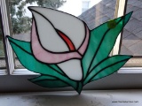 (UPMR) STAINED GLASS FLOWER; WHITE , PINK AND GREEN STAINED GLASS FLOWER. MEASURES 10.5 IN X 7 IN.