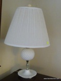 (UPMR) MILKGLASS TABLE LAMP; PLEATED WHITE BELL SHAPED SHADE ON A HOBNAIL MILK GLASS BASE. MEASURES