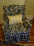 (UPSIT) FLORAL CHAIR; BLUE PURPLE, GREEN AND CREAM COLORED FLORAL SIDE CHAIR WITH SKIRTED BOTTOM AND
