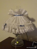 (UPSIT) ELECTRIC OIL LAMP; GLASS ELECTRIC OIL LAMP WITH CHIMNEY, AND HOMEMADE WHITE LACE SHADE WITH