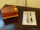 (UPBR2) MINIATURE JEWELRY CHEST; SM. WOODEN JEWELRY CHEST. INCLUDES (2) PENS & NOTEPAD.