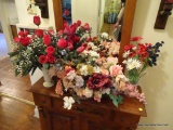 (HALL) LOT OF DECORATIVE FAKE FLOWERS; 3 PIECE LOT TO INCLUDE A ROSE ARRANGEMENT WITH FAKE DEW ON