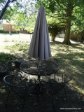 (OUT) METAL PATIO SET; ROUND BLACK METAL PATIO TABLE WITH CENTER UMBRELLA HOLE AND SPLAYED LEGS.