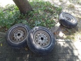 (OUT) SET OF TIRES; SET OF 3 BRIDGESTONE SKYWAY DELUXE P195/75R14 M+S. COMES ON 5 LUG RIM. ALL HAVE
