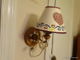 (KIT) WALL MOUNTED LIGHT FIXTURE; ROUND WOODEN BASE WITH BRASS FLOWER, AND BRASS AND WOOD ARM. COMES