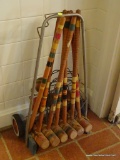VINTAGE CROQUET SET; WOODEN CROQUET SET. COMES WITH 7 MALLETS, 4 BALLS, ANDMETAL STAKES. COMES IN A