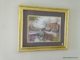 (FAM) FRAMED PRINT; OLD GERMAN HOME IN A BEAUTIFUL FOREST PRINT. MATTED IN GOLD TONE AND BROWN, AND