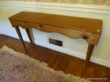 (DR) END TABLE; WOODEN END TABLE WITH A BRACKET DETAILED BOTTOM RAIL AND 4 TAPERED LEGS. MEASURES 4