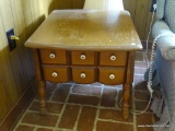 (DEN) SIDE TABLE; WOODEN SIDE TABLE WITH A ROUNDED EDGE SQUARE TABLE TOP THAT SITS ON A 6 PANELED