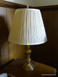 (DEN) BRASS TABLE LAMP; TABLE LAMP WITH A TAPERED METAL POLE THAT COMES WITH A WHITE COOLIE LAMP