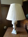 (DEN) MARBLE TABLE LAMP; WHITE MARBLE TABLE LAMP WITH FAN AND LEAF DETAILING AROUND THE TAPERED
