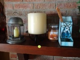 (DEN) LOT OF ASSORTED CANDLES AND MATCH HOLDER; 4 PIECE LOT TO INCLUDE A BLUE STAINED GLASS MATCH