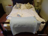 (BR) BED SPREAD; FULL SIZE BED SHEETS AND COMFORTER SET TO INCLUDE A BLUE BLANKET, A WHITE BLANKET,
