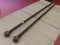 LOT OF CURTAIN RODS; 2 PIECE LOT OF CURTAIN RODS WITH GLASS BALL CAPS. MEASURES 53 IN TALL.