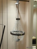 GLASS CHANDELIER; METAL POLE CHANDELIER WITH 3 LIGHTS IN THE MIDDLE AND HANGING GLASS GEM SHAPES