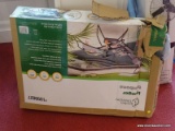 GARDEN TREASURES LOUNGER STILL IN BOX, BOX HAS BEEN TORN OPEN ON ONE SIDE, THE LOUNGER APPEARS TO BE