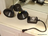 LIGHT FIXTURE AND TIMER; LOT INCLUDES A BLACK METAL 2-LIGHT FIXTURE, AND A PRIME INDOOR/OUTDOOR