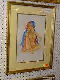 PIN UP GIRL PRINT; ALBERTO VARGAS PIN UP GIRL PRINT OF A NUDE WOMAN IN A BLUE AND RED RAINCOAT.