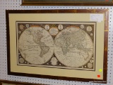 FRAMED MAP PRINT; FRAMED ANTIQUE WORLD MAP PRINT. MATTED IN BLACK AND CREAM AND FRAMED IN A