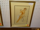 PIN UP GIRL PRINT; ALBERTO VARGAS PIN UP GIRL PRINT OF A TOPLESS WOMAN SITTING ON CHEST WITH HER