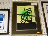 FRAMED ABSTRACT PRINT; ABSTRACT CONTEMPORARY FRAMED PRINT BY JOAN MIRO. MATTED IN GRAY AND FRAMED IN