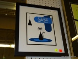 FRAMED CAT PRINT; ABSTRACT MID CENTURY MODERN FRAMED PRINT OF A CAT WITH BLACK AND BLUE COLORS.