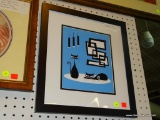 FRAMED CAT PRINT; ABSTRACT MID CENTURY MODERN FRAMED PRINT OF 2 CATS WITH BLACK AND BLUE COLORS.