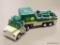 BP 18 WHEELER WITH RACER; BP 18 WHEELER GREEN AND BEIGE MODEL TRUCK WITH RACER WITH REAR AND