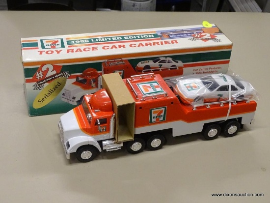 7/11 TOY RACE CAR CARRIER; 7/11 1996 LIMITED EDITION #2 COLLECTOR'S SERIES TOY RACE CAR CARRIER WITH