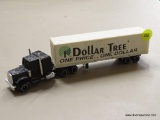 MODEL 18 WHEELER; DOLLAR TREE 18 WHEELER WITH A BLACK METAL CAB AND A WHITE PLASTIC TRAILER. OUT OF