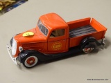 FORD MODEL PICKUP TRUCK; MASSEY HARRIS 1937 FORD DIECAST ORANGE ON BLACK PICKUP TRUCK WITH OPENING