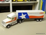 HEB FREIGHT TRUCK; NYLINT CORP WHITE FREIGHT TRUCK WITH AMERICAN FLAG DECALS AND AN OPENING DOOR