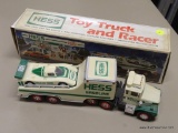 HESS TOY TRUCK AND RACER; HESS 1991 TOY TRUCK AND RACER WITH REAL HEAD AND TAIL LIGHTS AND A RACER