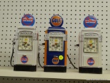LOT OF GAS PUMP CLOCKS; 3 PIECE LOT OF GAS PUMP CLOCKS WITH A COIN BANK COLLECTOR AND ALARM CLOCK