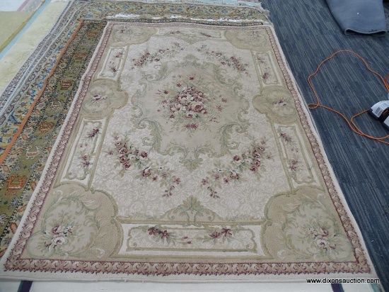 BEAULIEU AREA RUG; MACHINE MADE "ROSEFLOR" TAN AND SAGE GREEN AREA RUG WITH PINK AND WINE COLORED